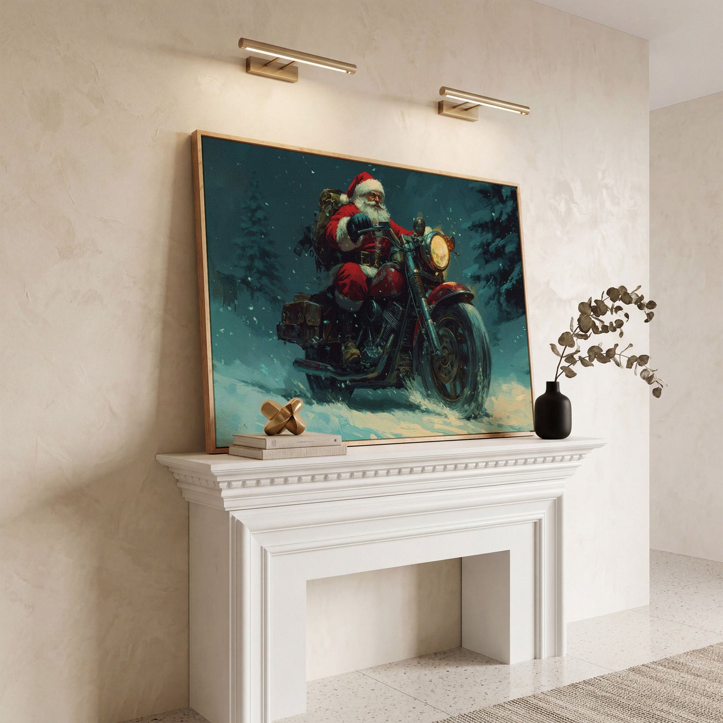 Santa on Motorcycle Canvas Print in white oak floating frame