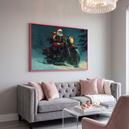 Santa on Motorcycle Canvas Print in pink floating frame