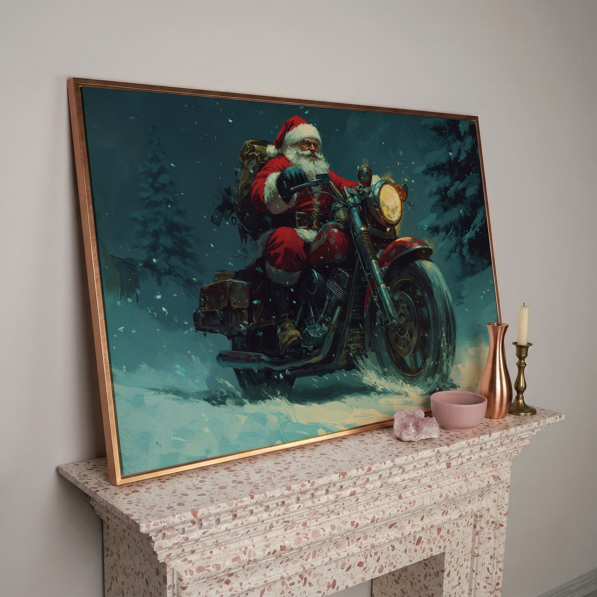 Santa on Motorcycle Canvas Print in rose gold floating frame