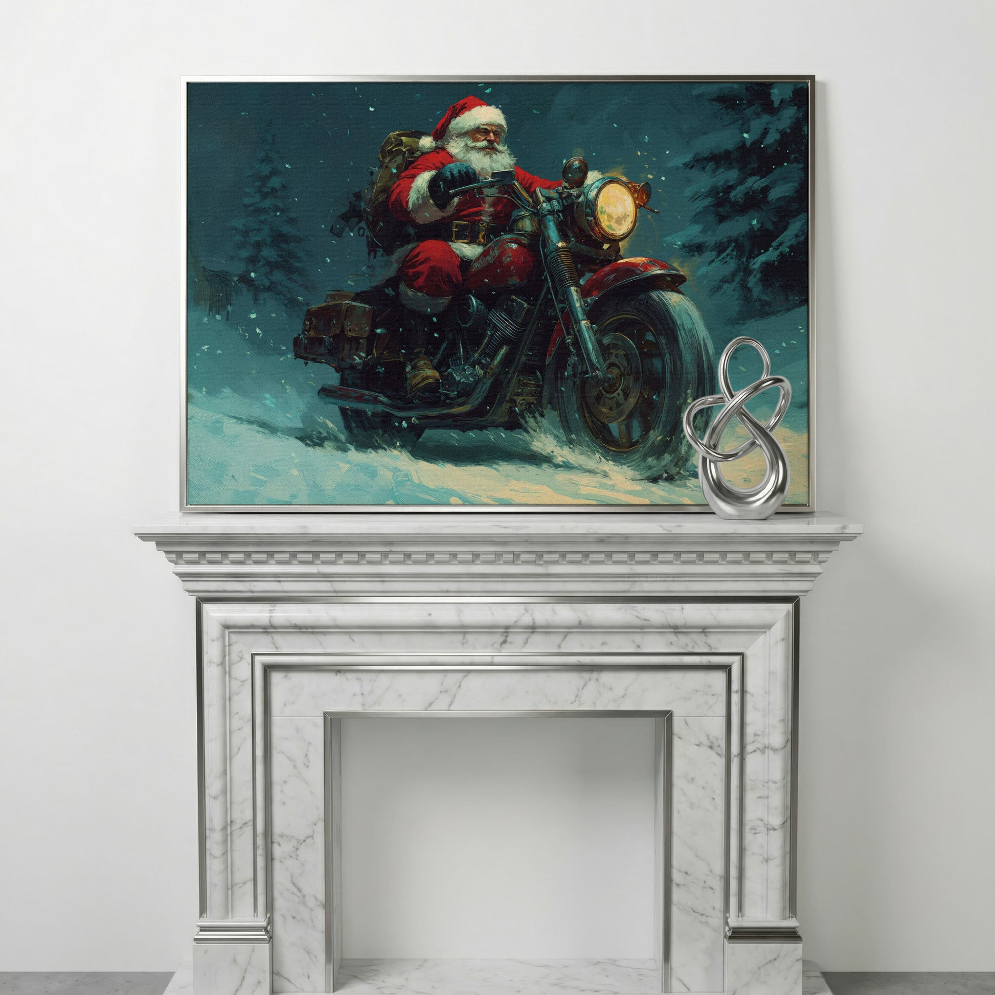 Santa on Motorcycle Canvas Print in silver floating frame