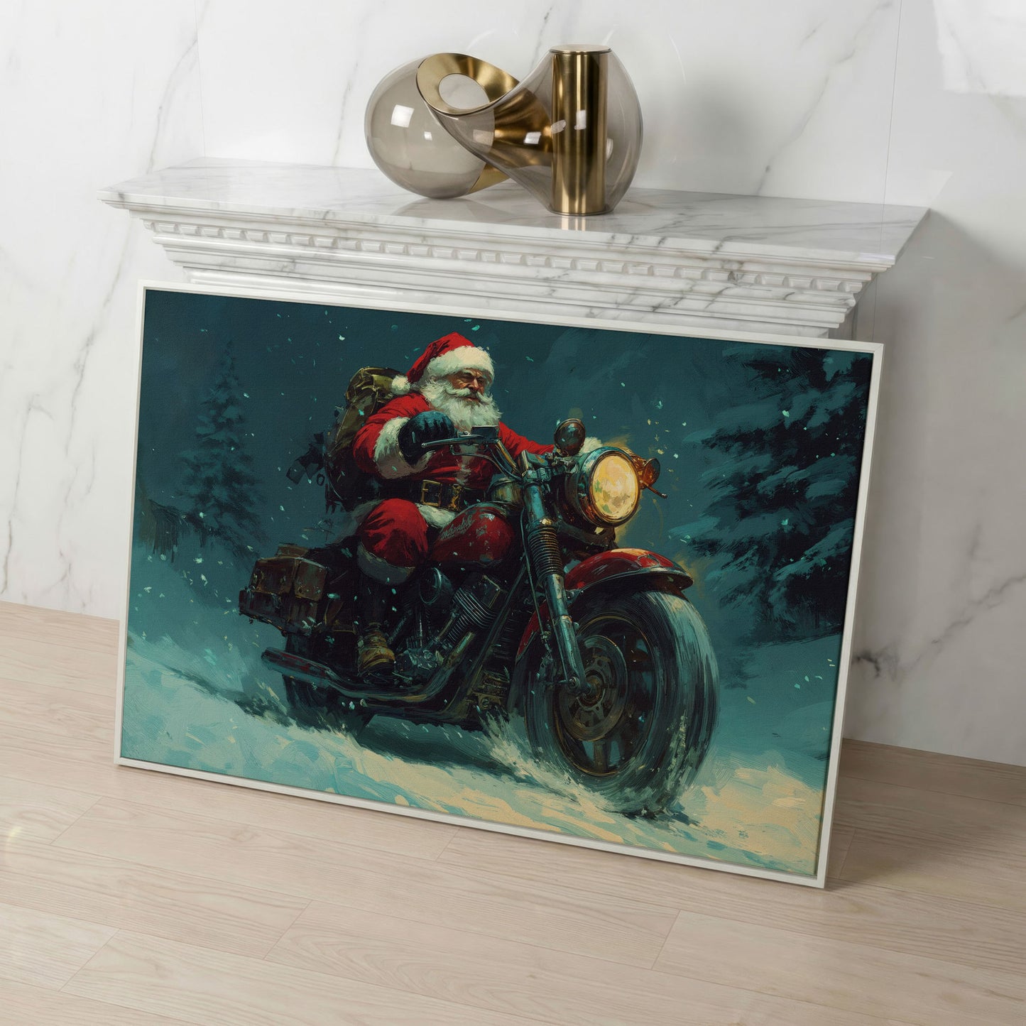 Santa on Motorcycle Canvas Print in white floating frame