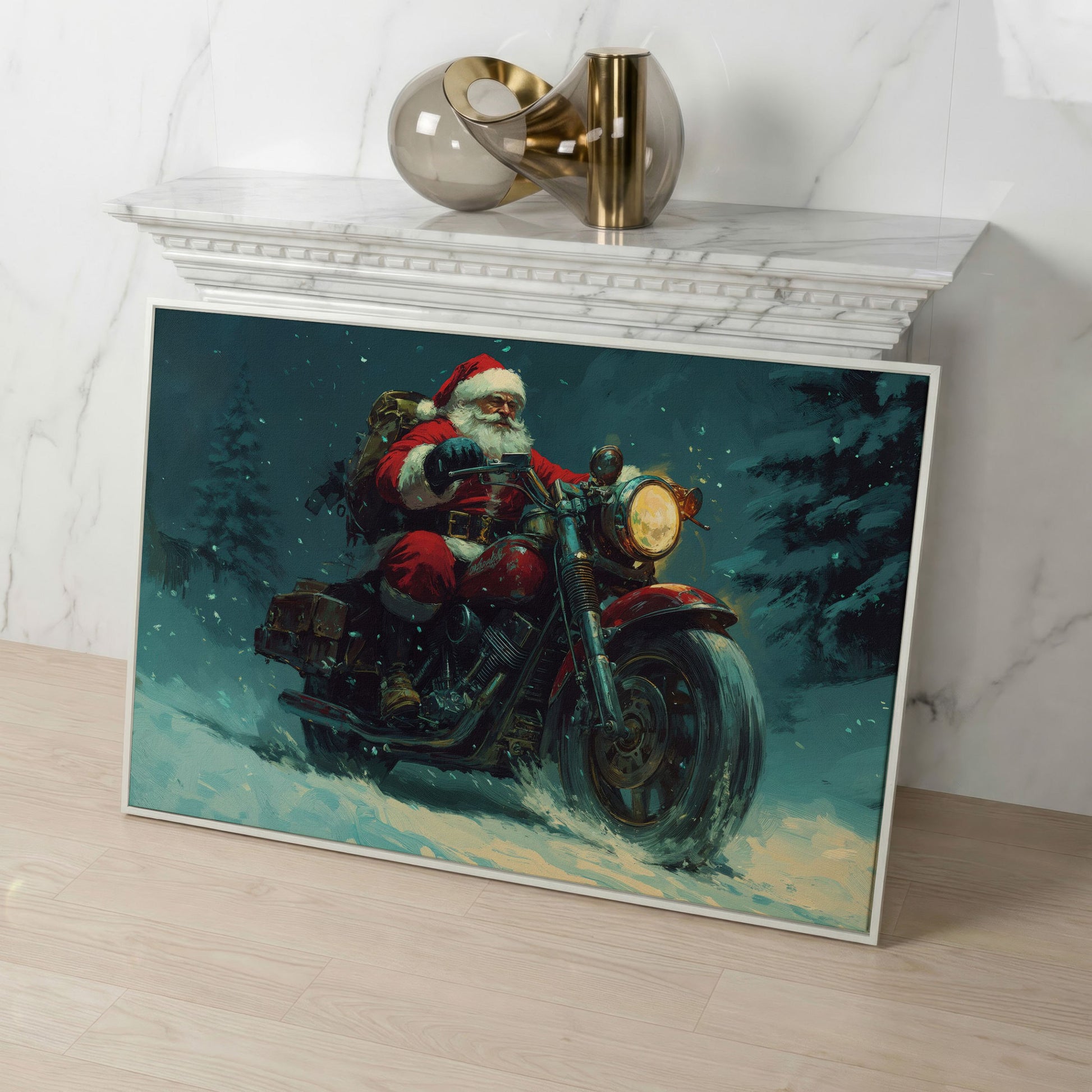 Santa on Motorcycle Canvas Print in white floating frame