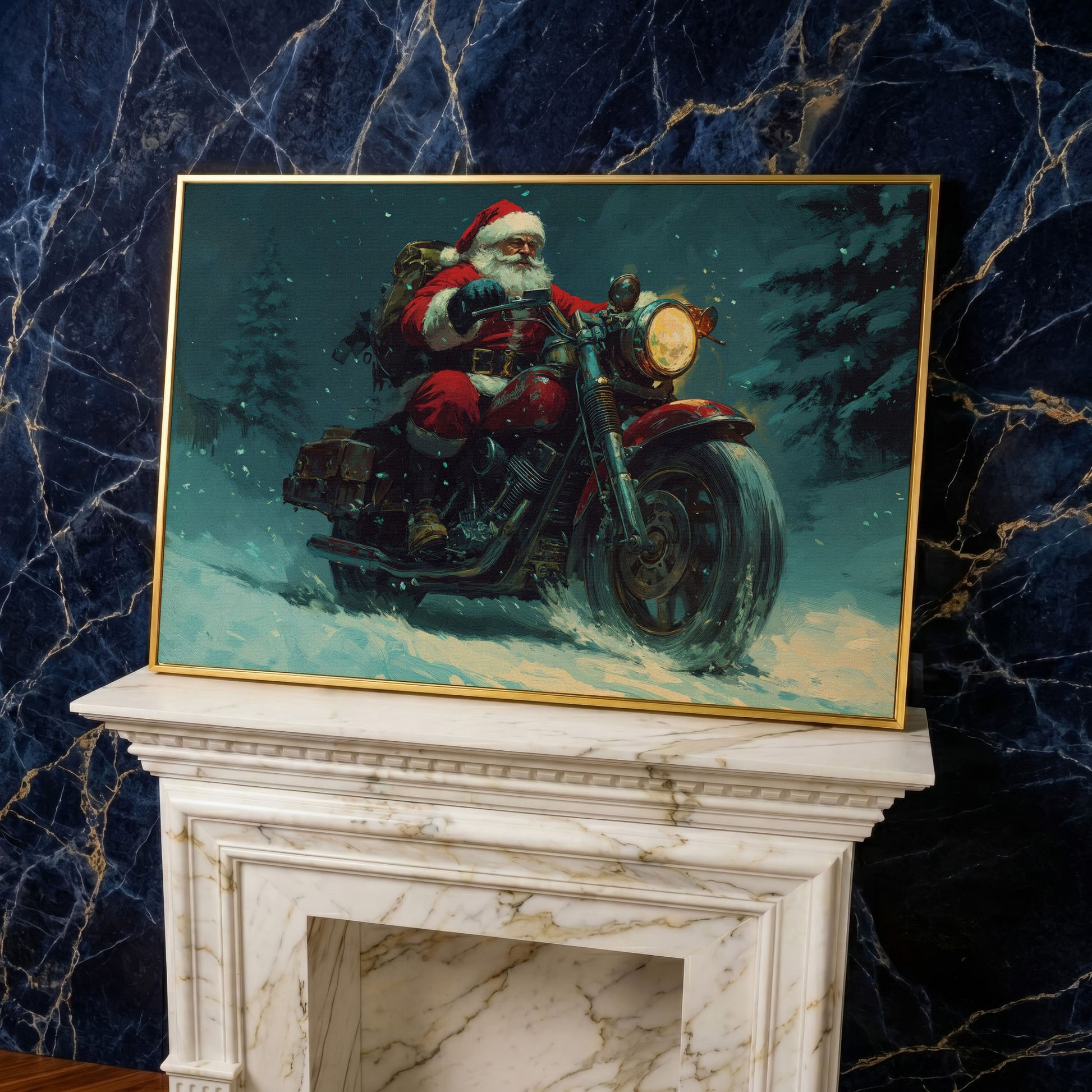 Santa on Motorcycle Canvas Print in yellow gold floating frame