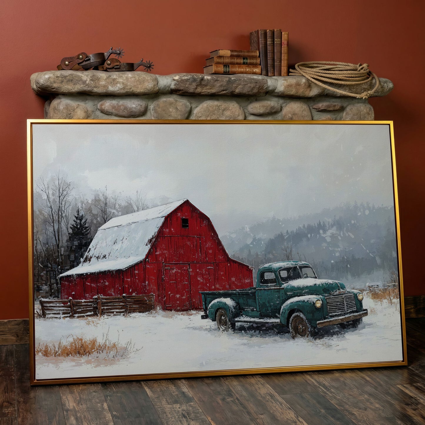Winter Red Barn with Green Pickup Truck Canvas in antique gold floating frame