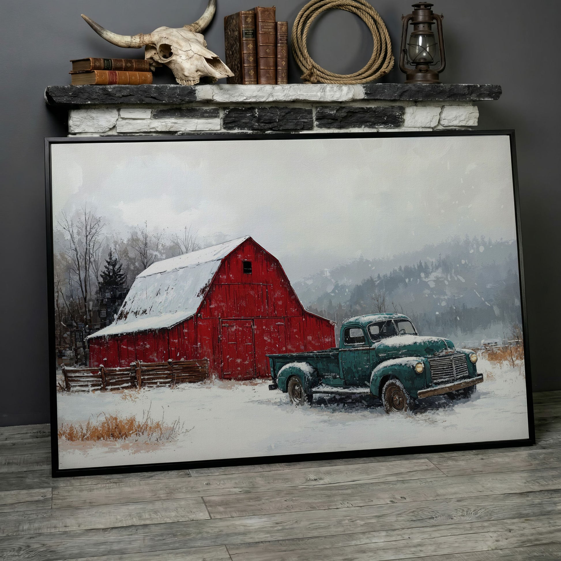 Winter Red Barn with Green Pickup Truck Canvas in black floating frame