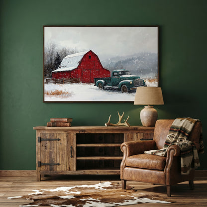 Winter Red Barn with Green Pickup Truck Canvas in dark walnut floating frame
