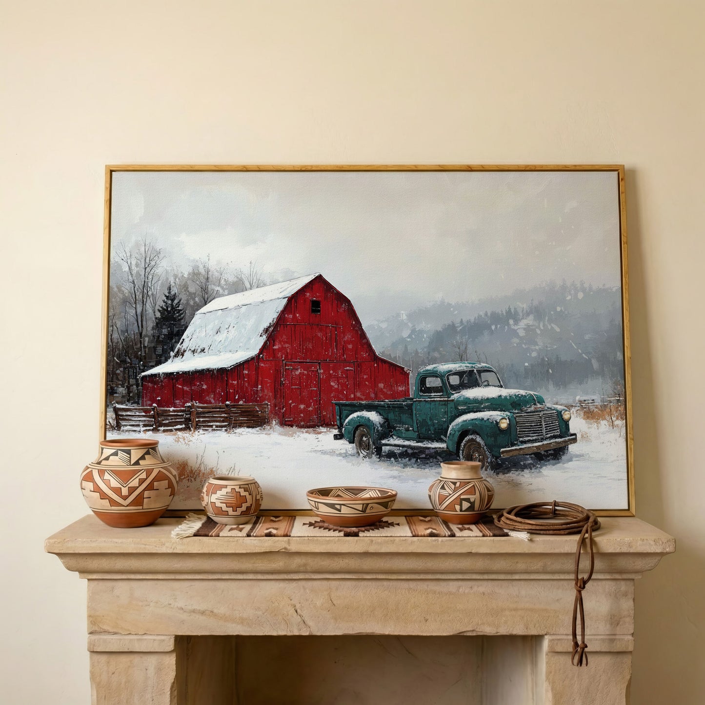 Winter Red Barn with Green Pickup Truck Canvas in white oak floating frame