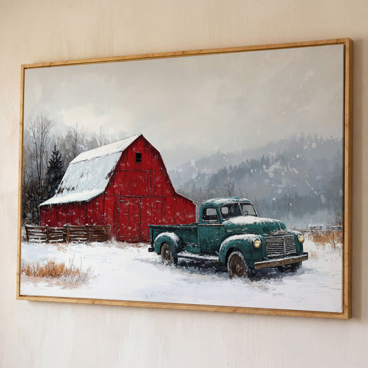 Winter Red Barn with Green Pickup Truck Canvas shown in white oak floating frame