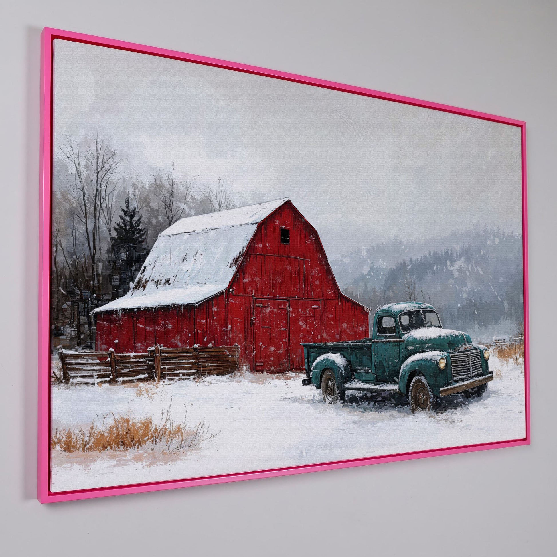 Winter Red Barn with Green Pickup Truck Canvas in pink floating frame