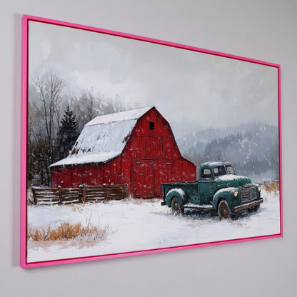 Winter Red Barn with Green Pickup Truck Canvas in pink floating frame