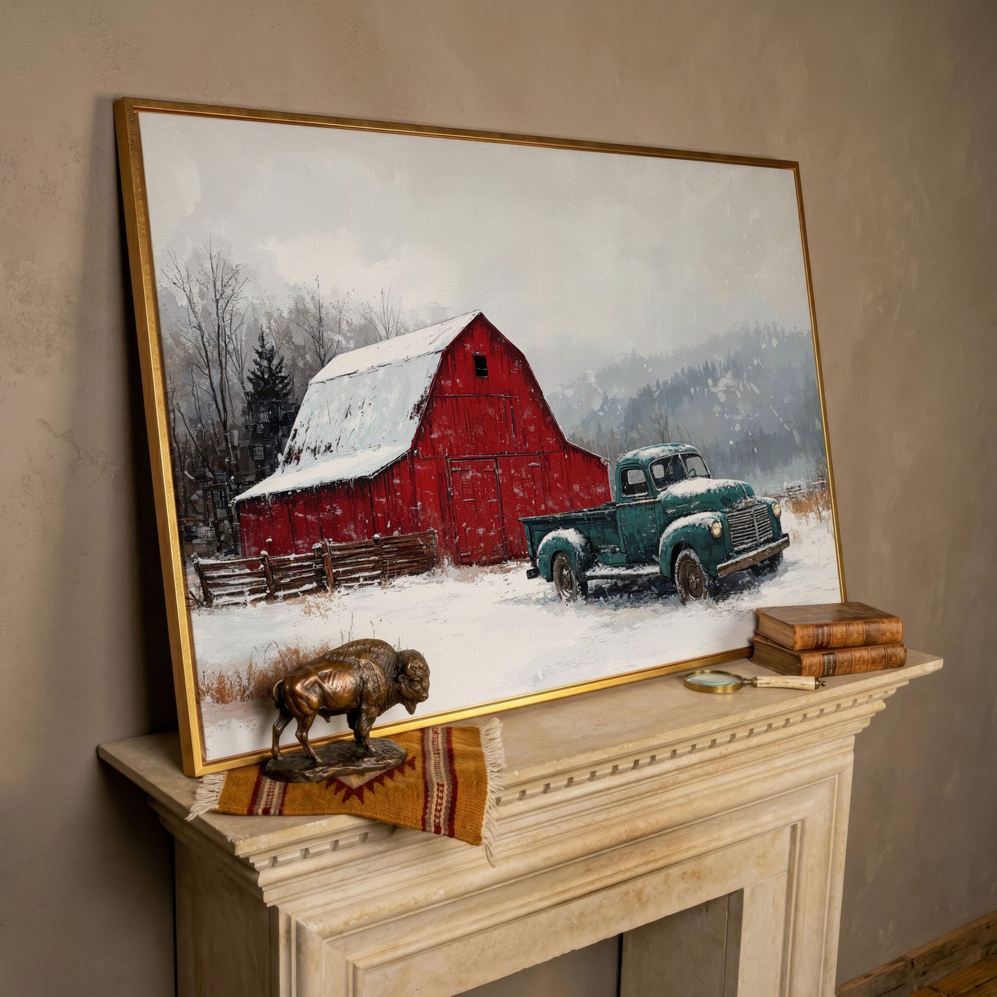 Winter Red Barn with Green Pickup Truck Canvas in rose gold floating frame