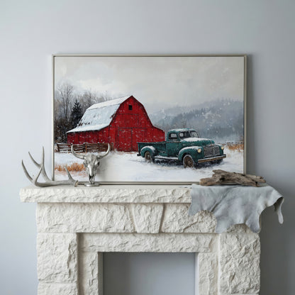Winter Red Barn with Green Pickup Truck Canvas in silver floating frame