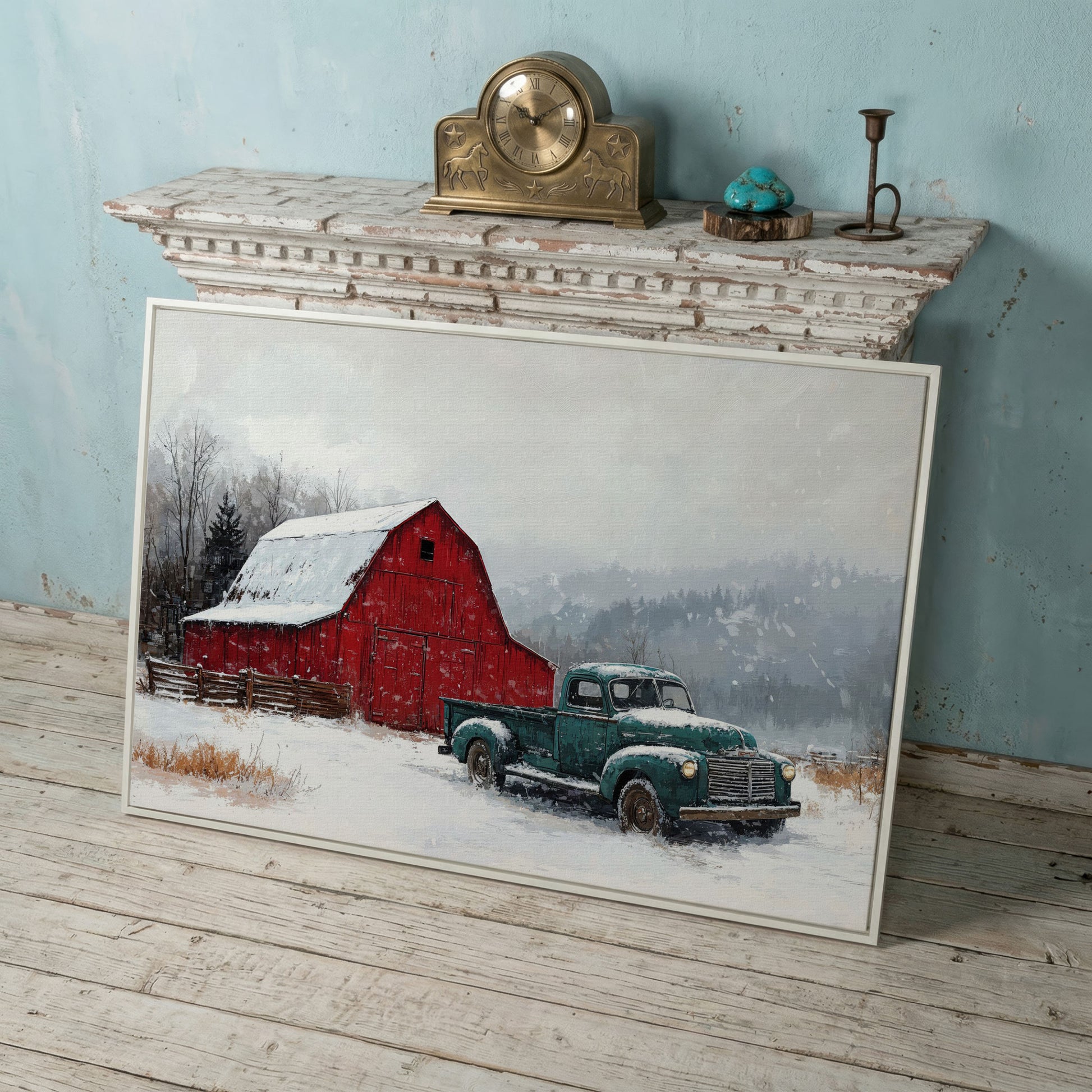 Winter Red Barn with Green Pickup Truck Canvas in white floating frame