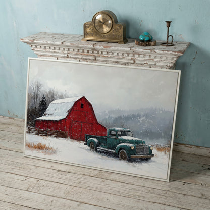 Winter Red Barn with Green Pickup Truck Canvas in white floating frame