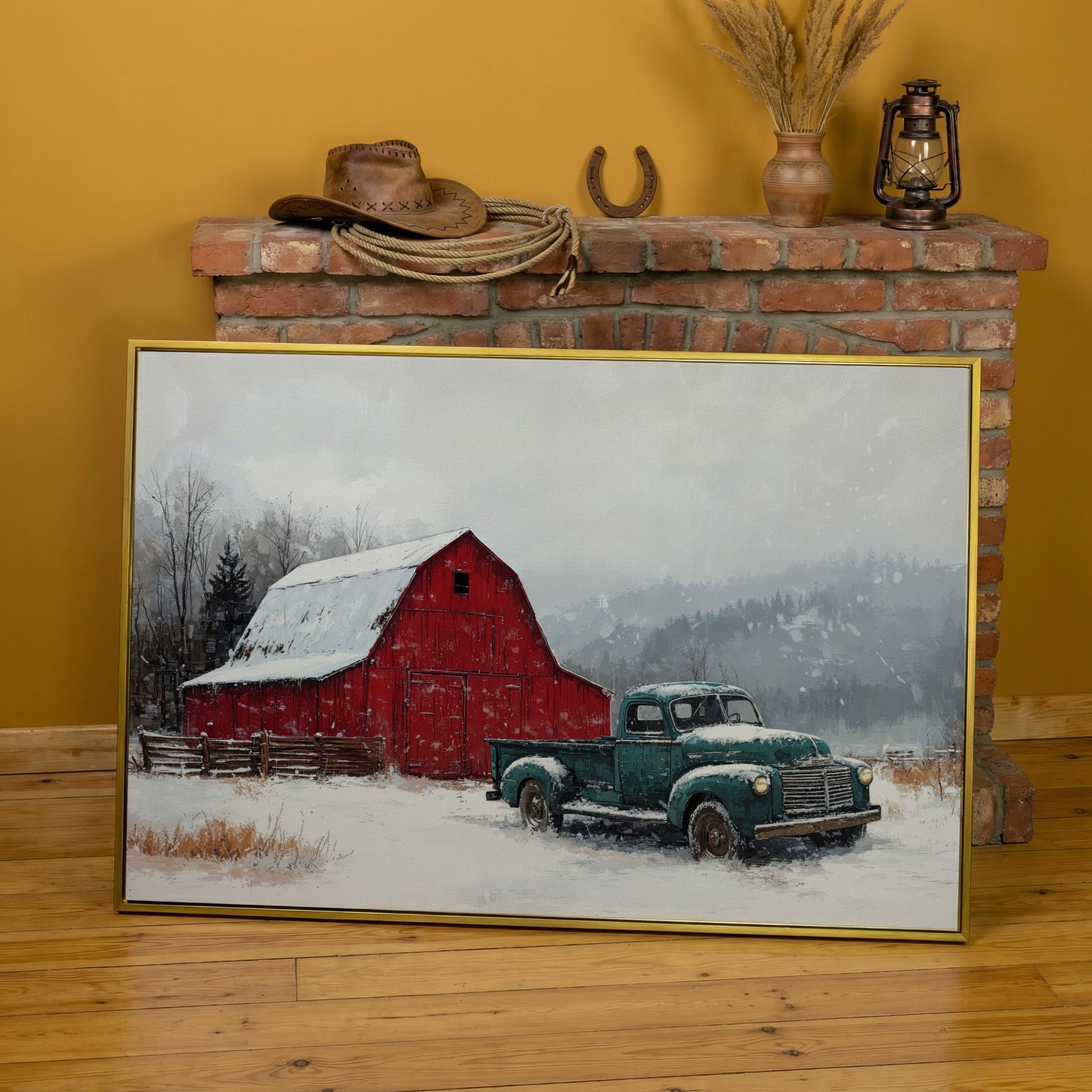 Winter Red Barn with Green Pickup Truck Canvas in yellow gold floating frame