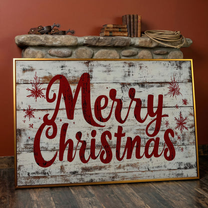 Merry Christmas Rustic Canvas Print in antique gold floating frame