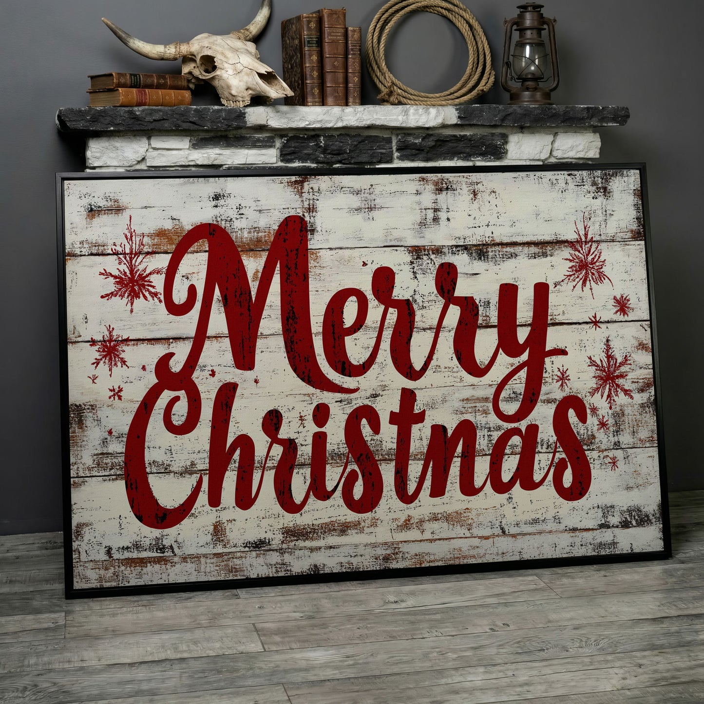 Merry Christmas Rustic Canvas Print in black floating frame