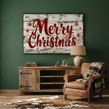 Merry Christmas Rustic Canvas Print in dark walnut floating frame