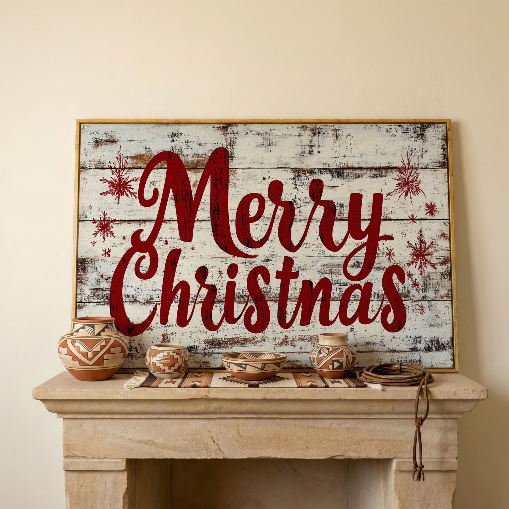 Merry Christmas Rustic Canvas Print in white oak floating frame