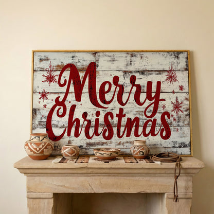 Merry Christmas Rustic Canvas Print in white oak floating frame