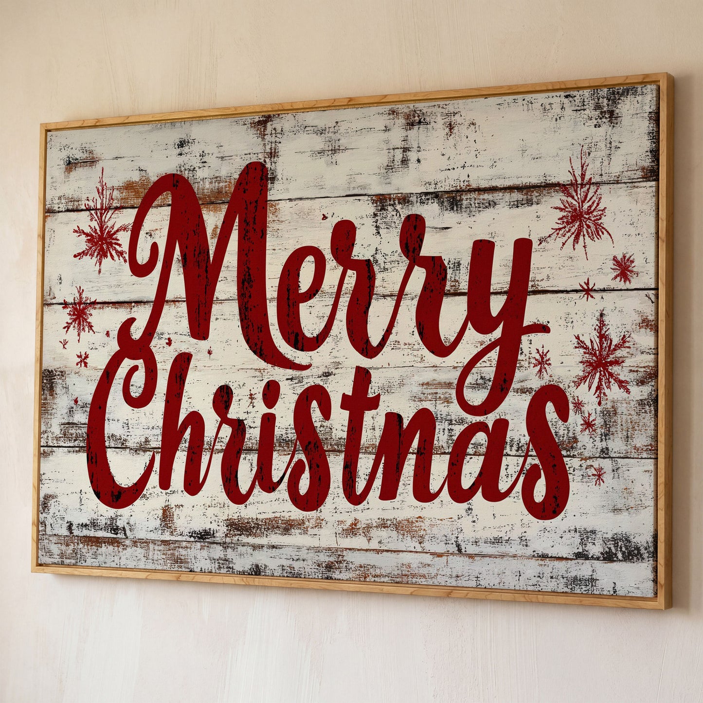Merry Christmas Rustic Canvas Print shown in white oak floating frame