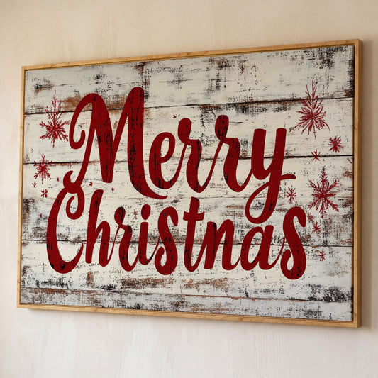 Merry Christmas Rustic Canvas Print shown in white oak floating frame