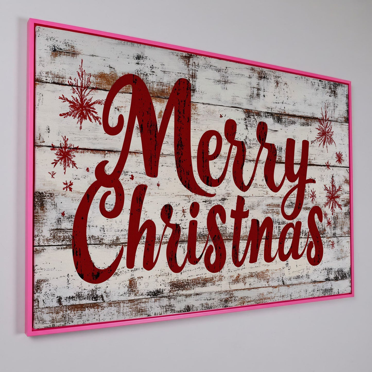 Merry Christmas Rustic Canvas Print in pink floating frame