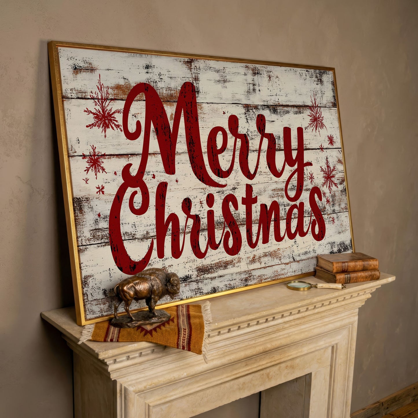 Merry Christmas Rustic Canvas Print in rose gold floating frame