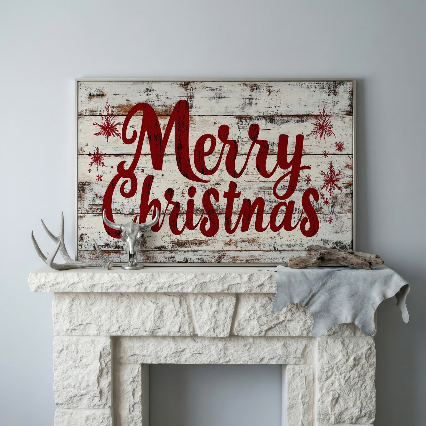 Merry Christmas Rustic Canvas Print in silver floating frame