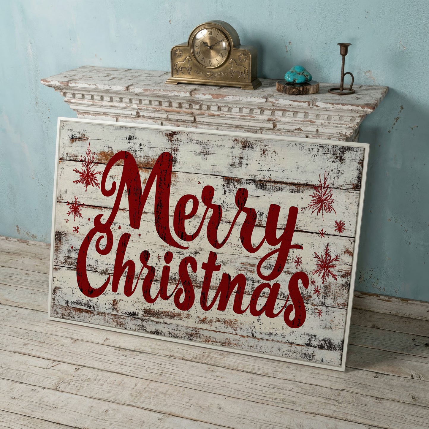 Merry Christmas Rustic Canvas Print in white floating frame
