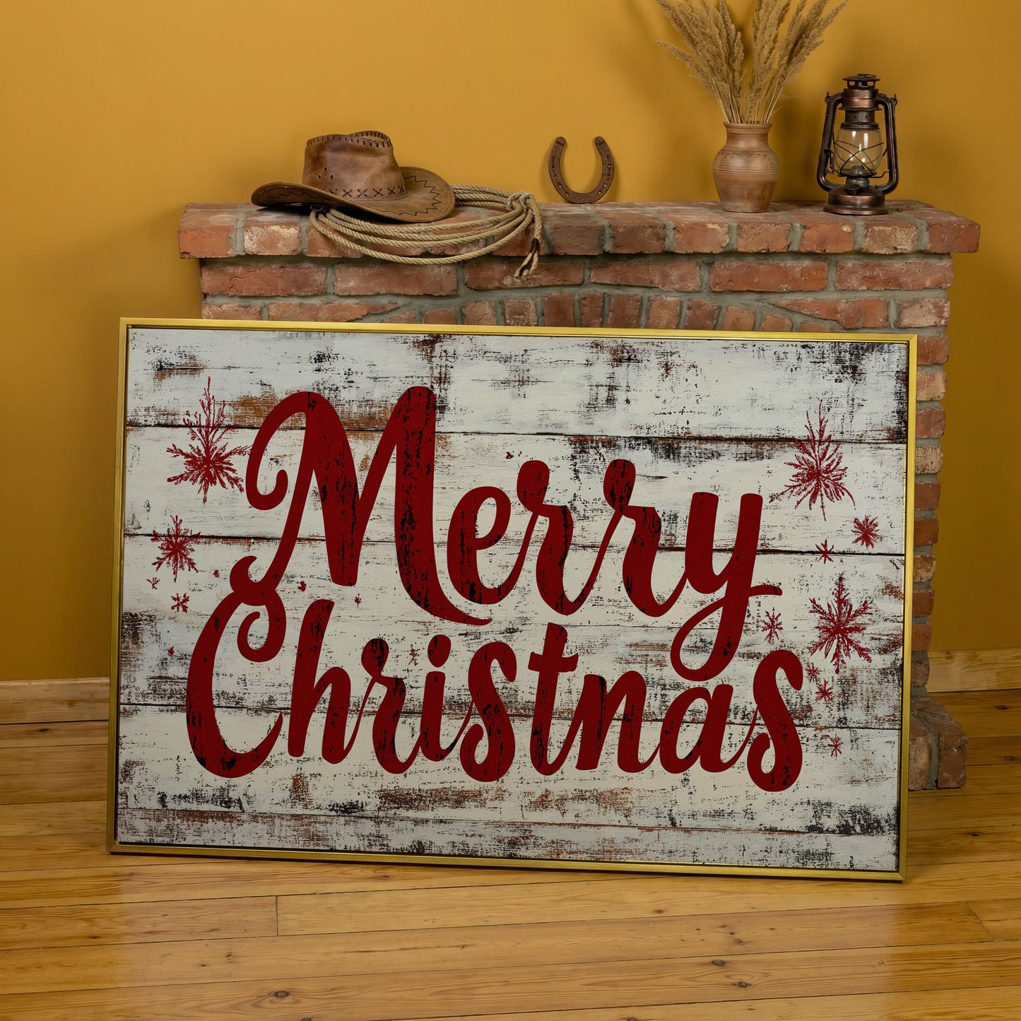 Merry Christmas Rustic Canvas Print in yellow gold floating frame