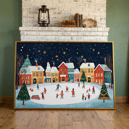 Winter Ice Skating Town Canvas Art with Folk Christmas Scene in antique gold floating frame