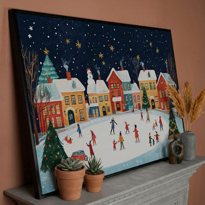 Winter Ice Skating Town Canvas Art with Folk Christmas Scene in black floating frame