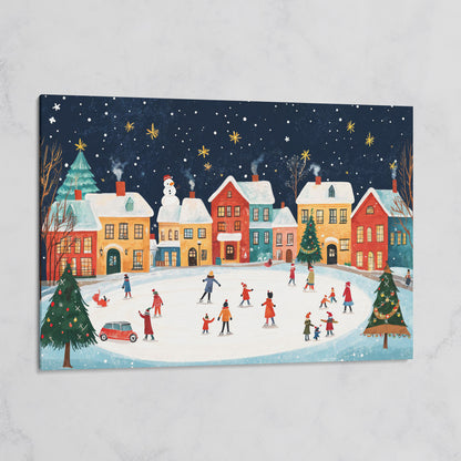 Winter Ice Skating Town Canvas Art with Folk Christmas Scene on gallery wrap