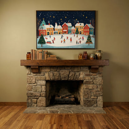Winter Ice Skating Town Canvas Art with Folk Christmas Scene in dark walnut floating frame