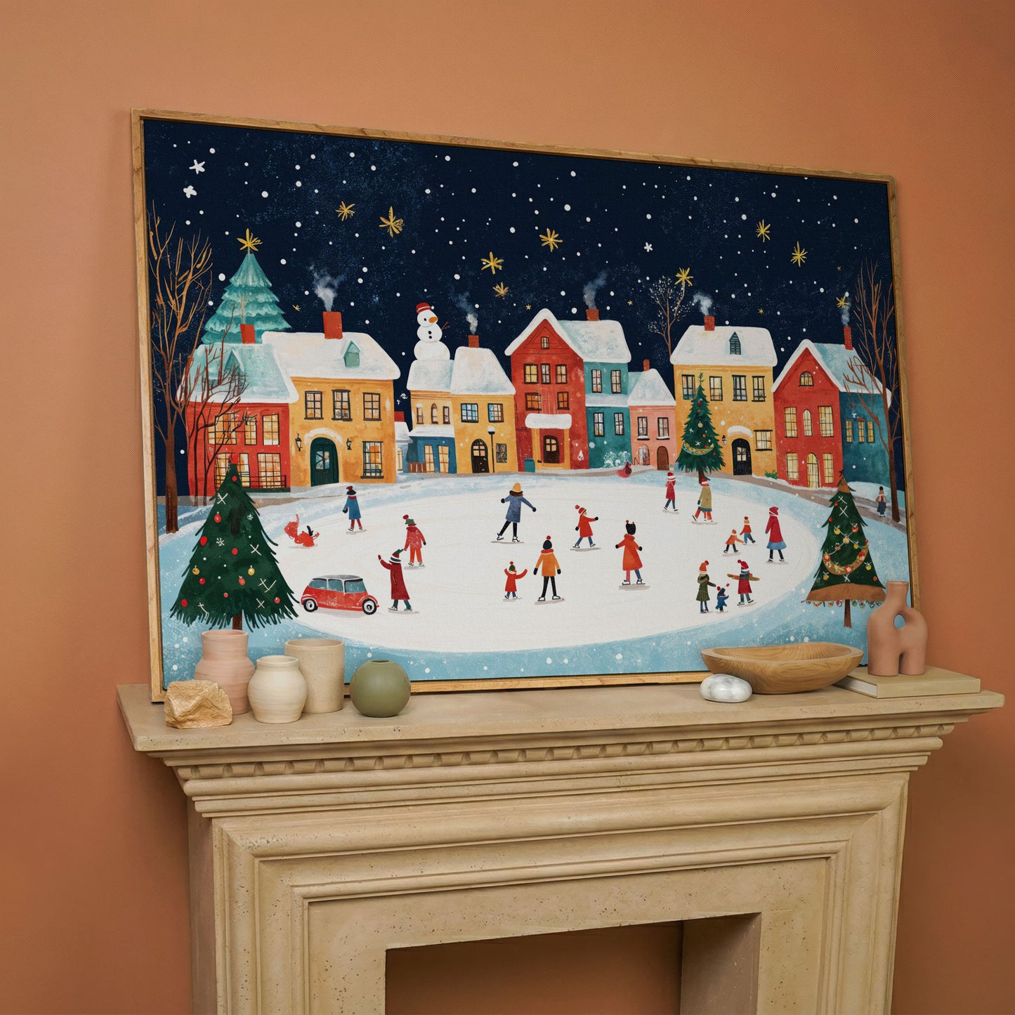 Winter Ice Skating Town Canvas Art with Folk Christmas Scene in white oak floating frame