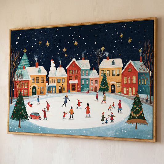 Winter Ice Skating Town Canvas Art with Folk Christmas Scene shown in white oak floating frame