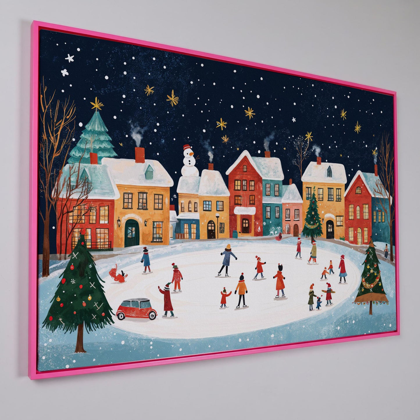 Winter Ice Skating Town Canvas Art with Folk Christmas Scene in pink floating frame