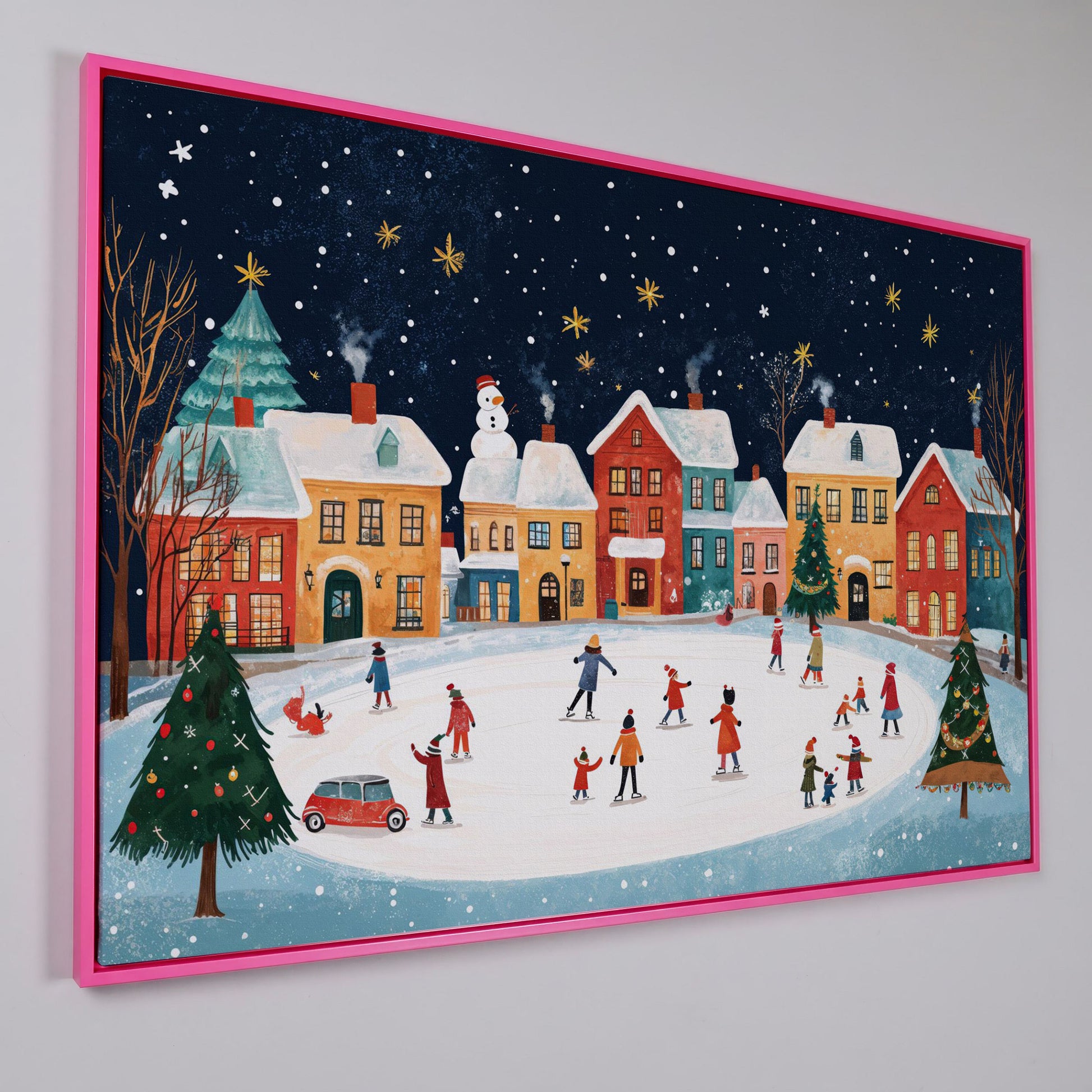 Winter Ice Skating Town Canvas Art with Folk Christmas Scene in pink floating frame