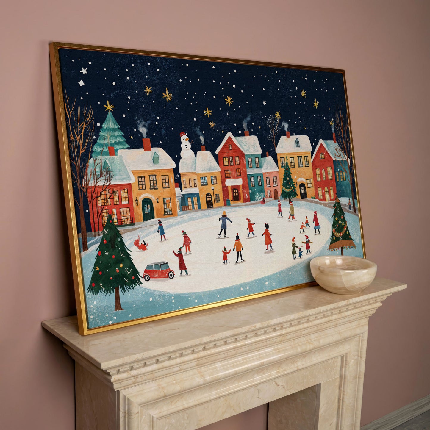 Winter Ice Skating Town Canvas Art with Folk Christmas Scene in rose gold floating frame