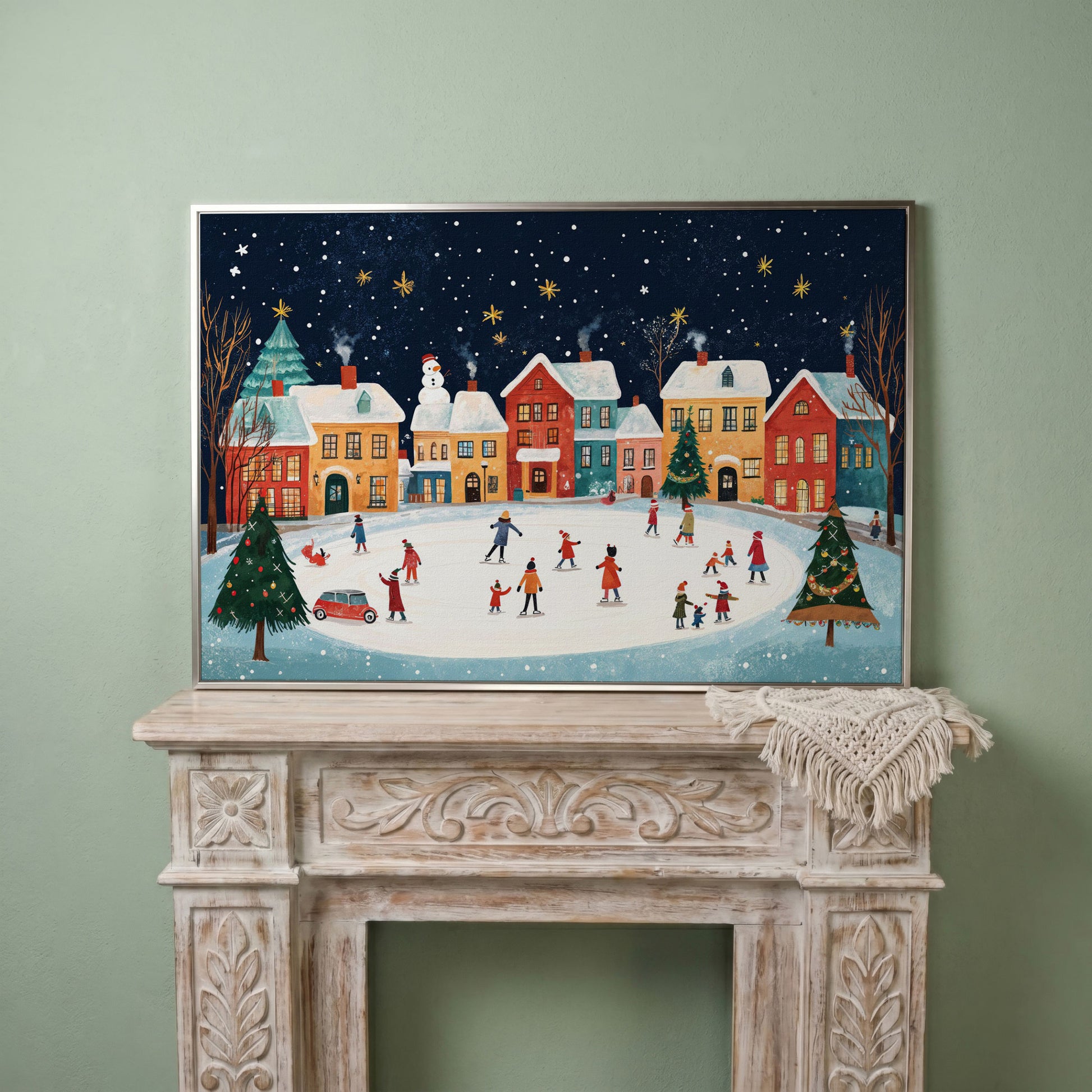 Winter Ice Skating Town Canvas Art with Folk Christmas Scene in silver floating frame