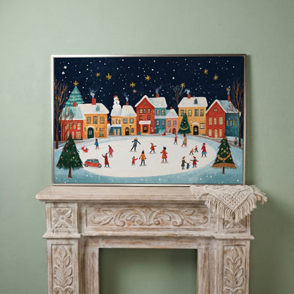 Winter Ice Skating Town Canvas Art with Folk Christmas Scene in silver floating frame