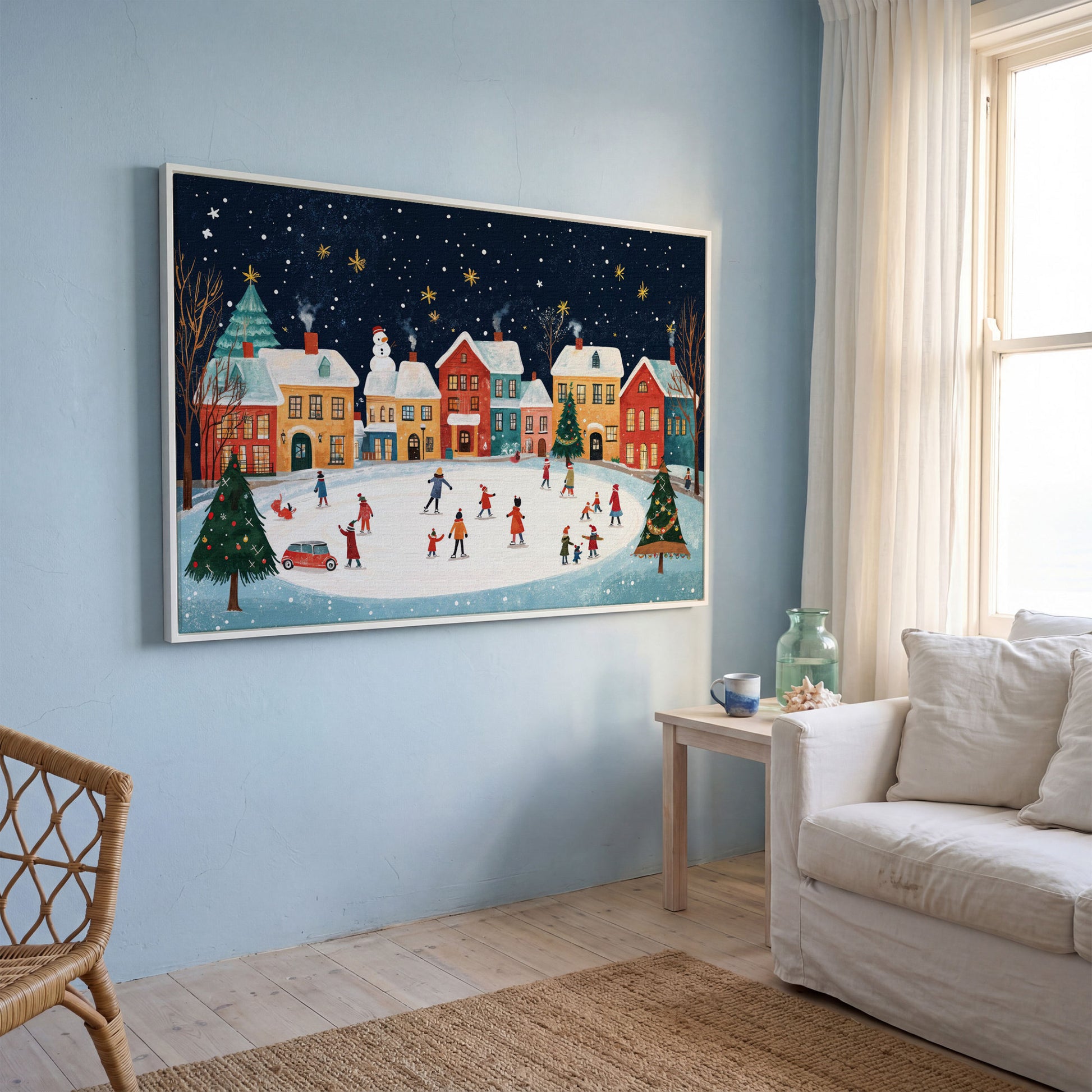 Winter Ice Skating Town Canvas Art with Folk Christmas Scene in white floating frame