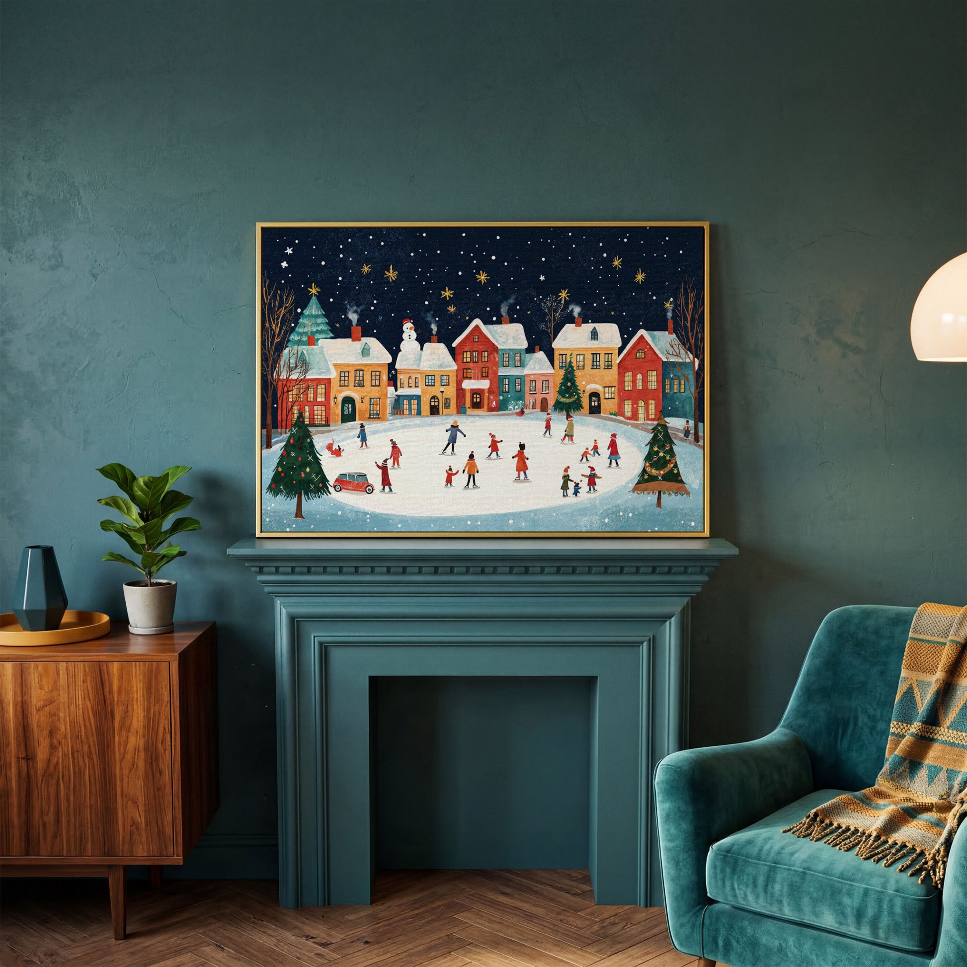 Winter Ice Skating Town Canvas Art with Folk Christmas Scene in yellow gold floating frame