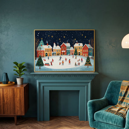 Winter Ice Skating Town Canvas Art with Folk Christmas Scene in yellow gold floating frame
