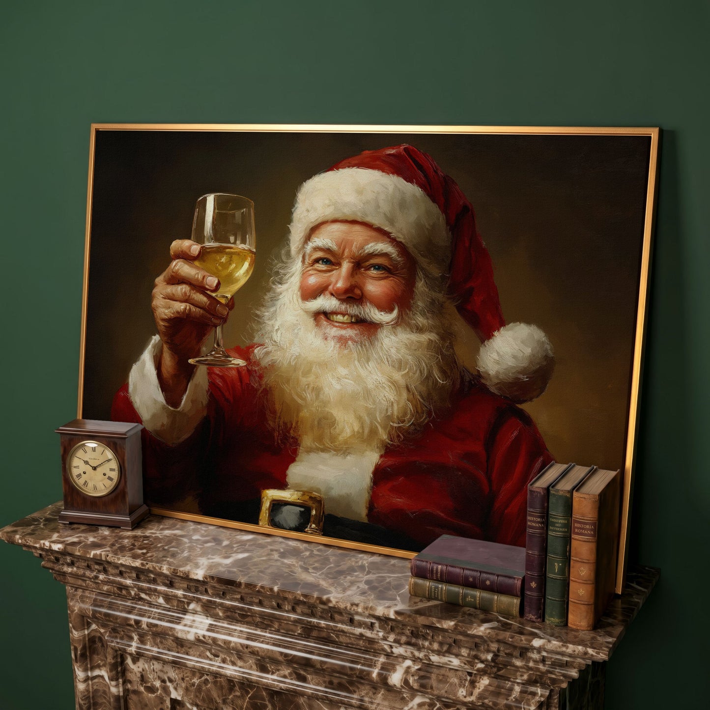 Santa with Wine Canvas Print in antique gold floating frame