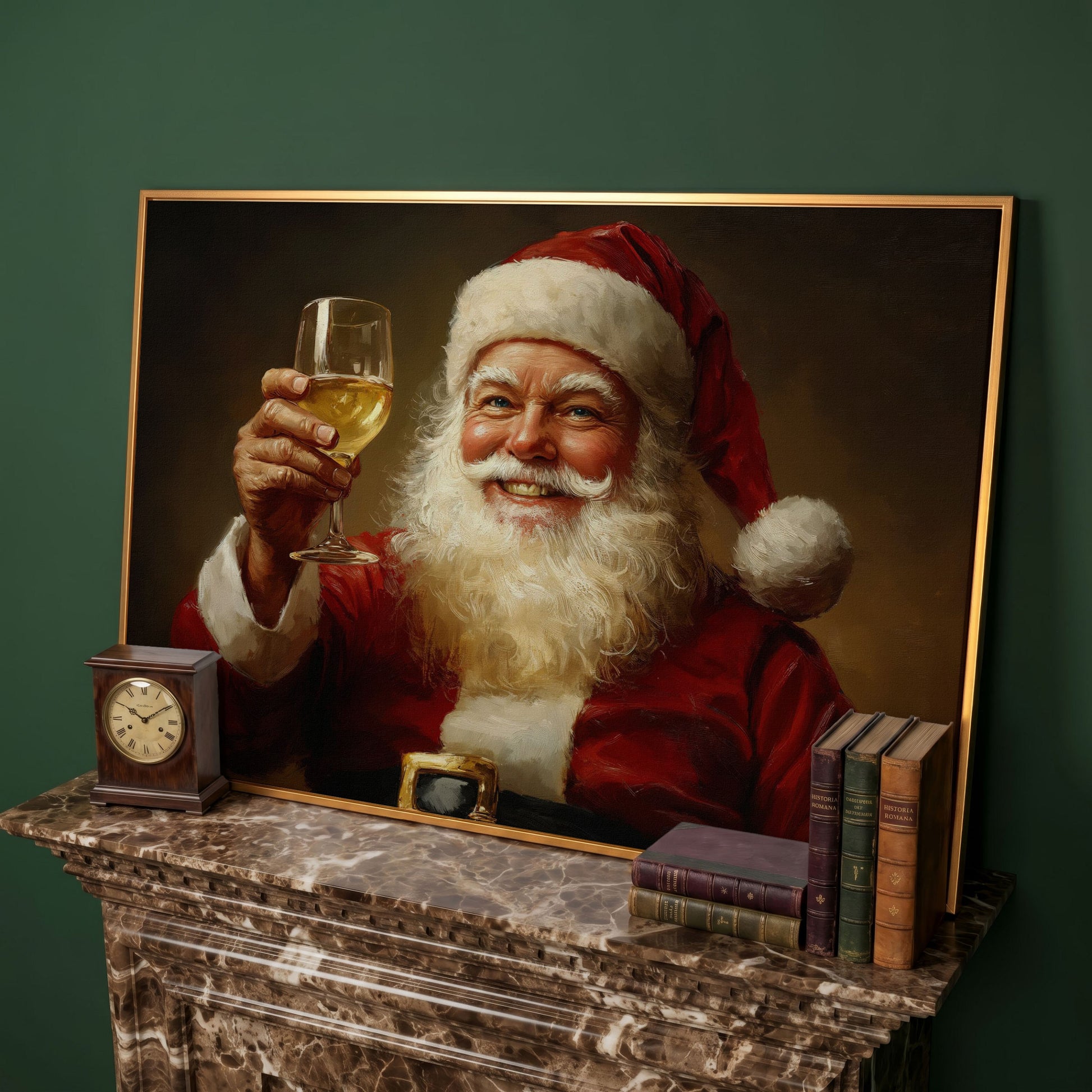 Santa with Wine Canvas Print in antique gold floating frame