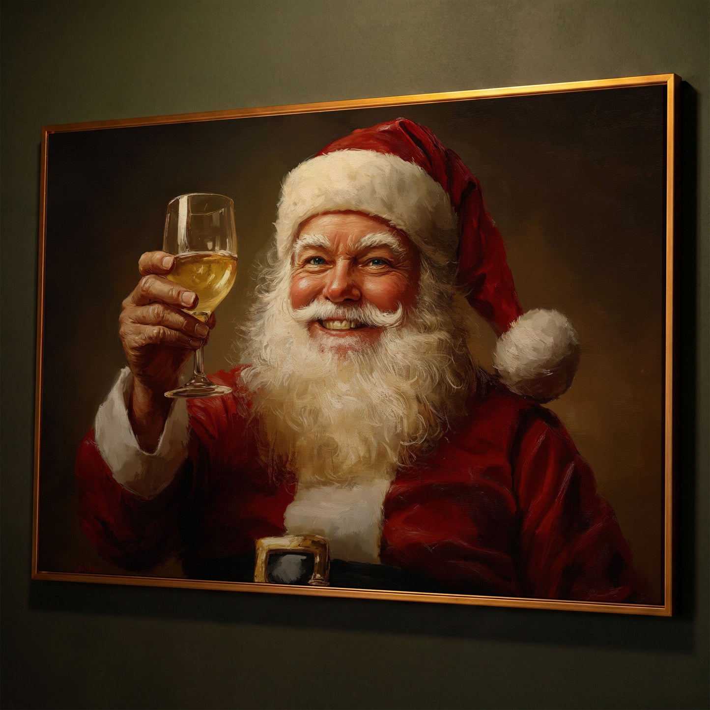 Santa with Wine Canvas Print shown in antique gold floating frame