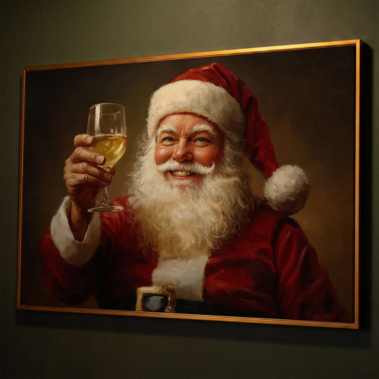 Santa with Wine Canvas Print shown in antique gold floating frame