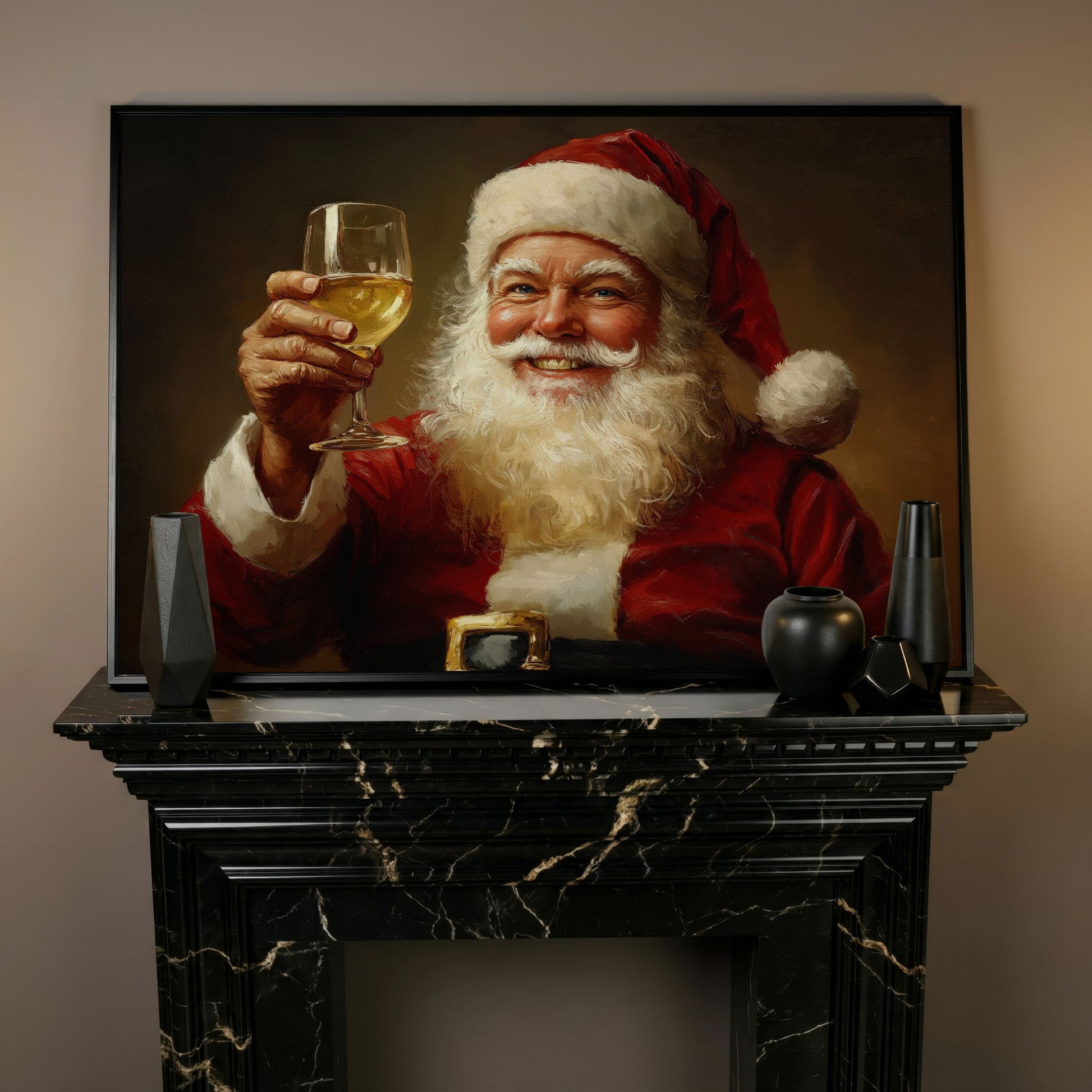 Santa with Wine Canvas Print in black floating frame